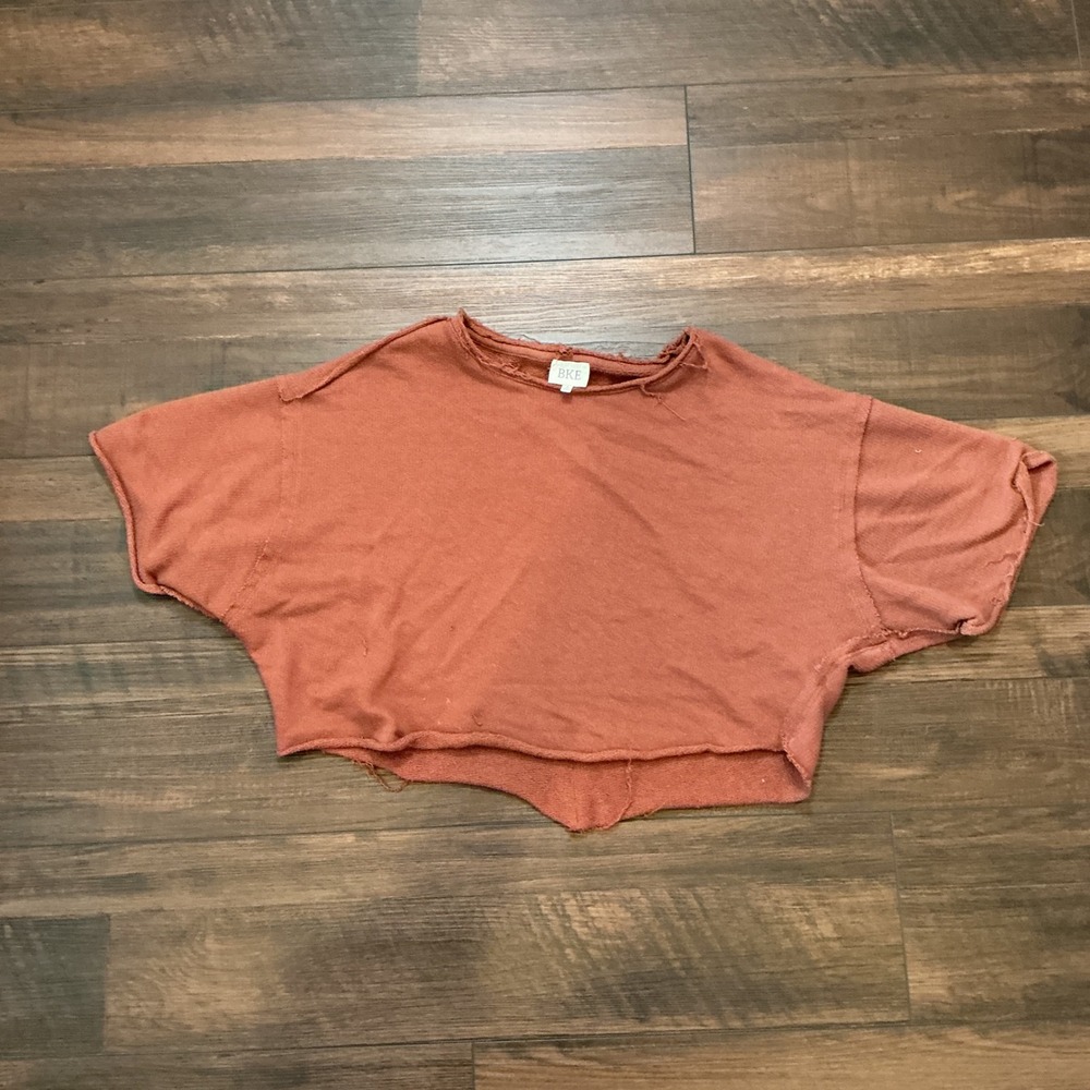 BKE Distressed Cropped T-Shirt Rust Orange Raw Edge Boxy Fit Small Boho Top